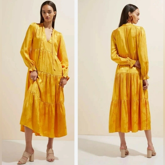 Maeve Anthropologie Maize Yellow Tie Neck Tiered Waist Midi Dress Satin Size XS - Picture 1 of 14